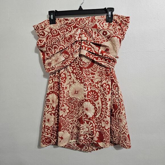 NWT! Anthropologie Blue Tassel Strapless Tie Front Red/Cream Mini Dress. Size M - Picture 4 of 10